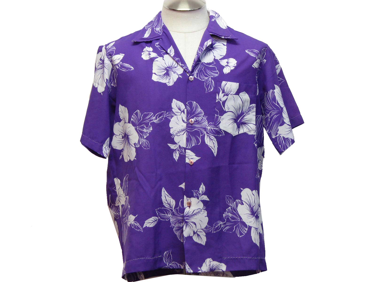 Early 80s -Ja-Na of Hawaii- Mens purple, white polyester broadcloth short sleeve Hawaiian shirt with fitted sides, straight hem, button front, patch pocket, medium width pointed collar, and overall hisbicus print