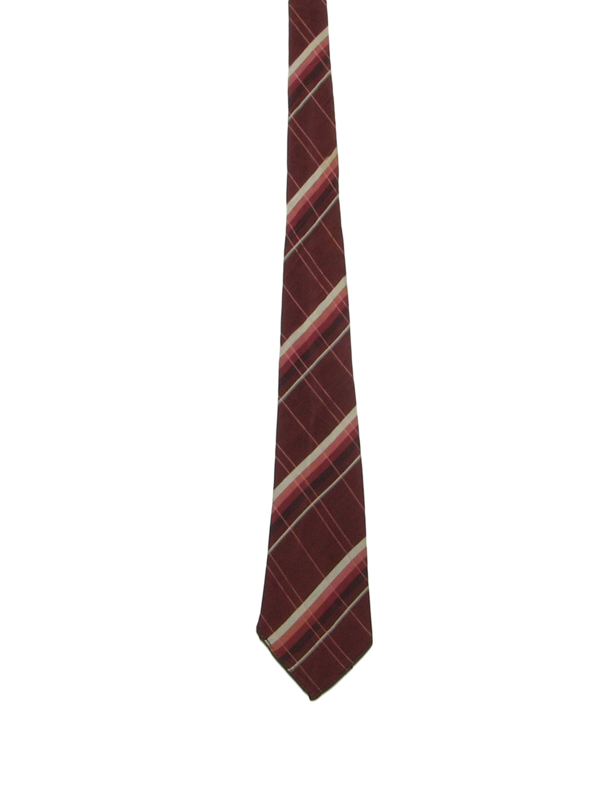 60s -No Label- burgundy pink and white colored diagonal striped polyester blend tie