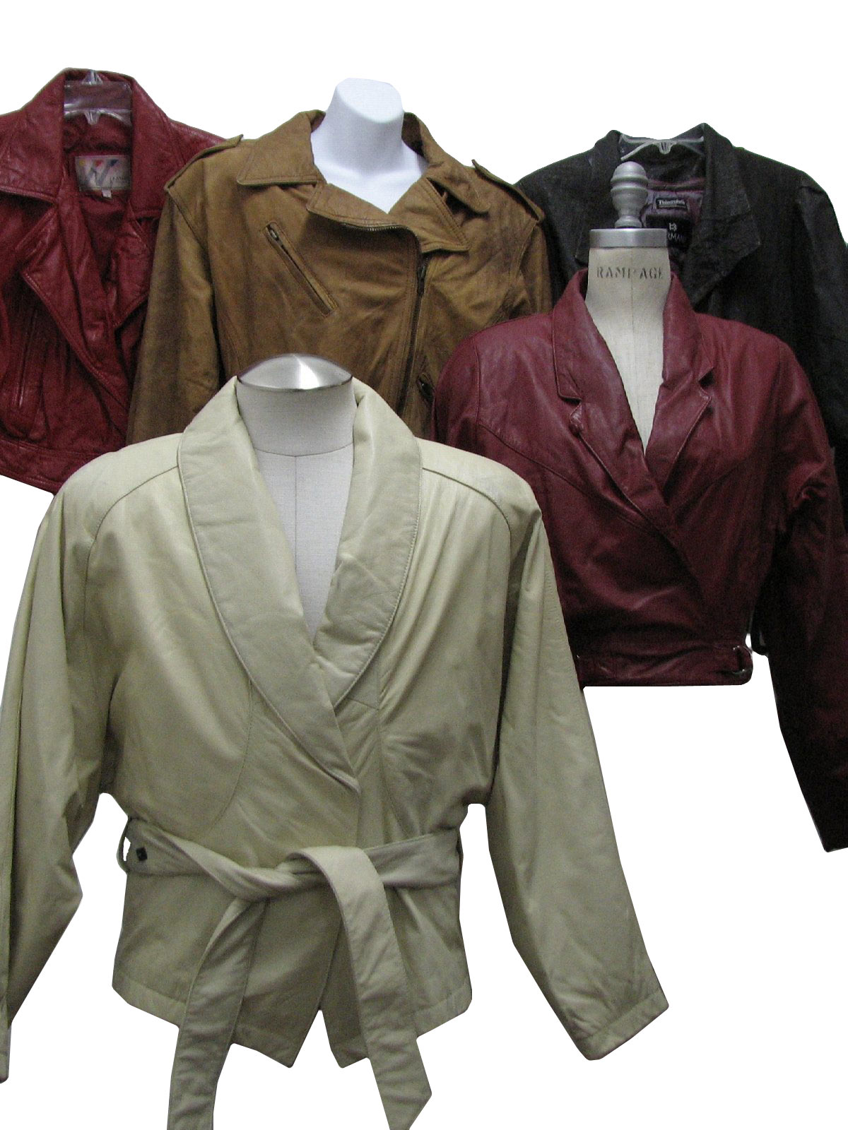 Lot of qty 5 Wholesale womens 80s and 90s leather jackets. Photo is of actual lot.
