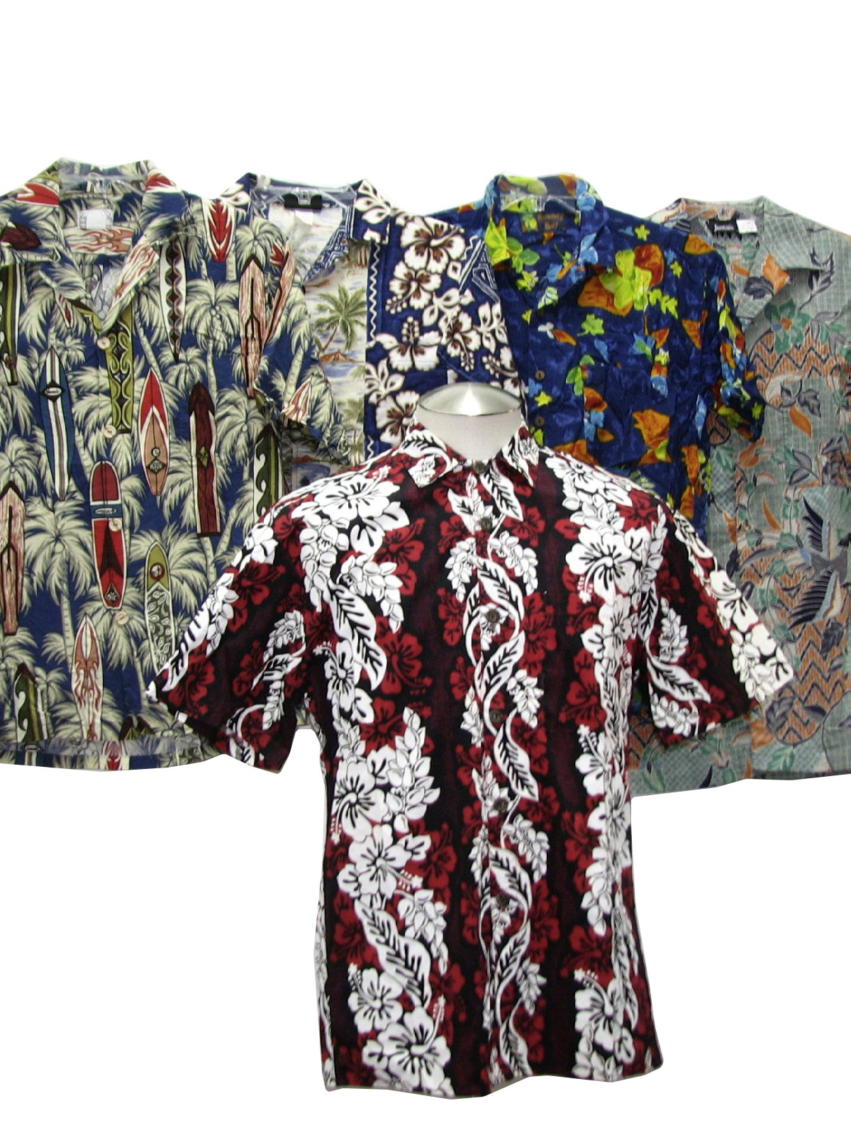Lot of qty 5 Wholesale mens 90s and newer, short sleeve, Hawaiian shirts. Photo is of actual lot.