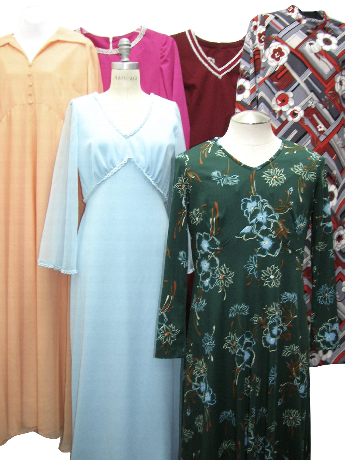 Lot of qty 6 Wholesale womens 60s and 70s full length, longsleeve, knit dresses. Photo is of actual lot.