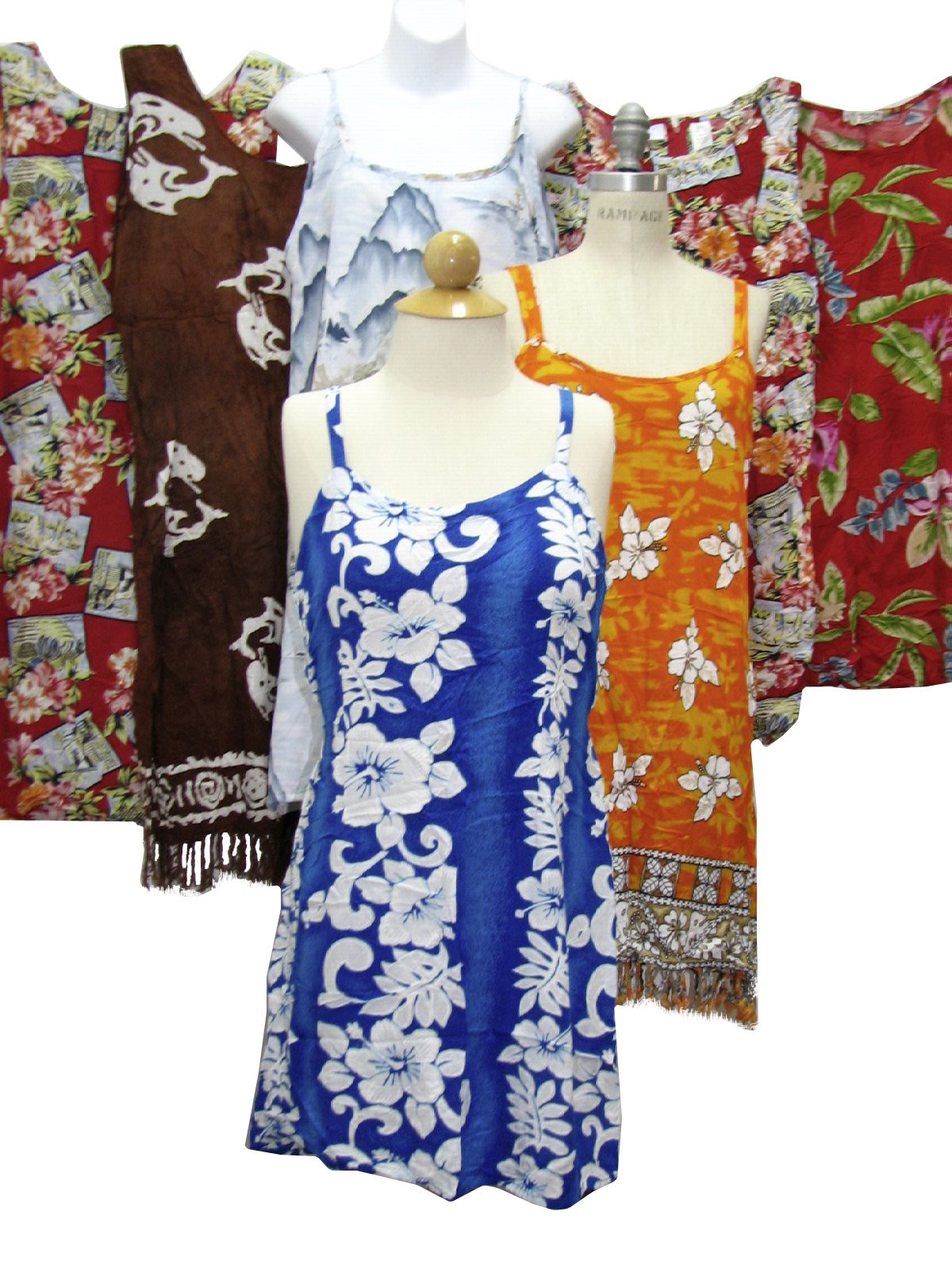 Lot of qty 7 Wholesale womens 80s and newer, sleeveless, mid & mini hawaiian dresses. Photo is of actual lot.