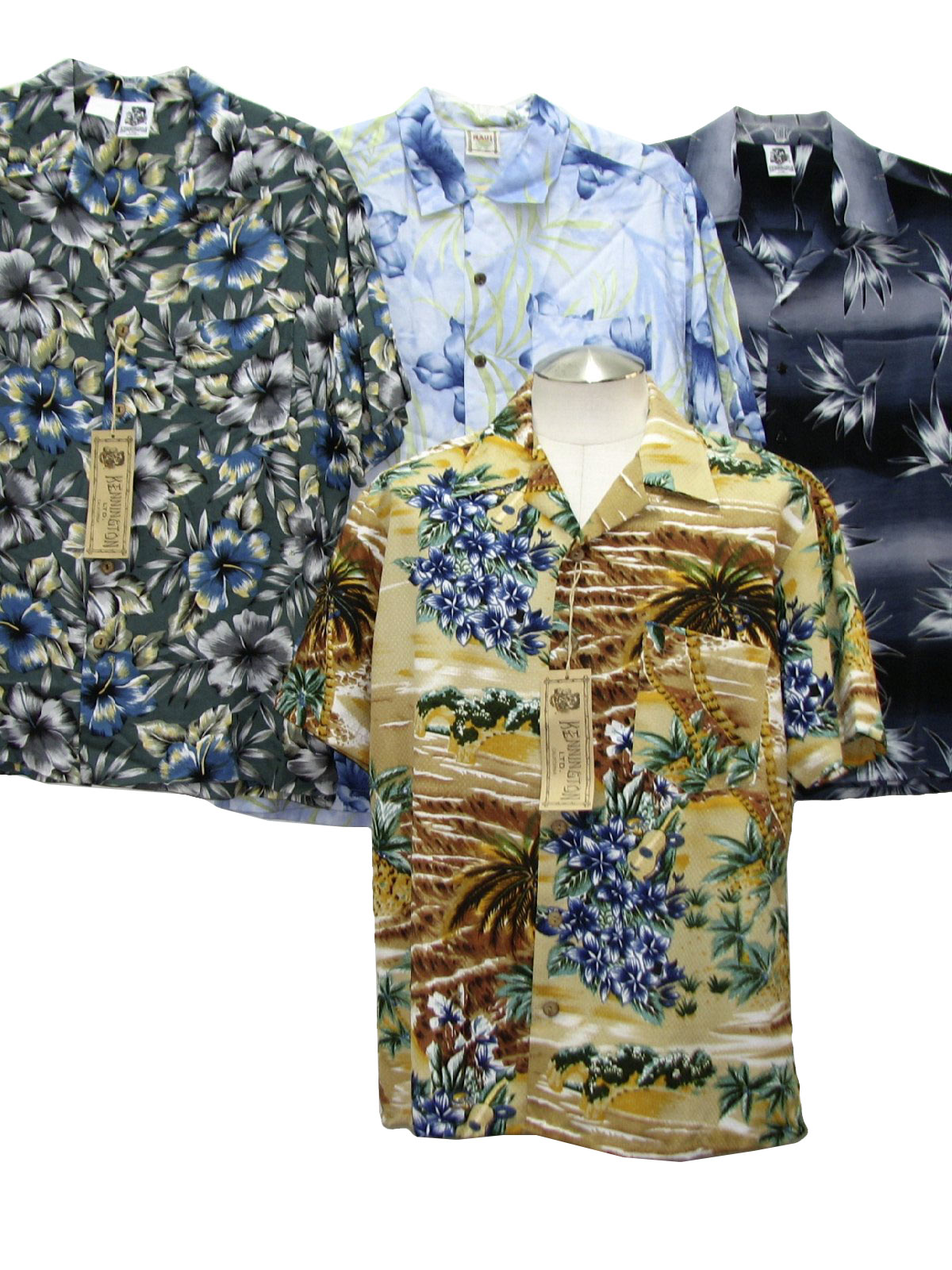 Lot of qty 4 Wholesale mens 90s Kennington, short sleeve, hawaiian shirts. Photo is of actual lot.