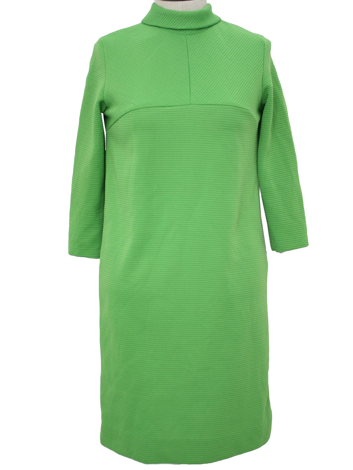 70s -Pawtucket- Womens bright green rib knit polyester blend mid length dress with three quarter length sleeves, turtle neckline, upper bust seaming and A-line cut.