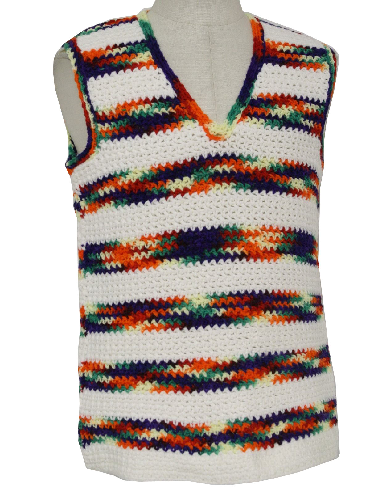 70's Hand Crocheted Sweater: 70s -Hand Crocheted- Mens white ...