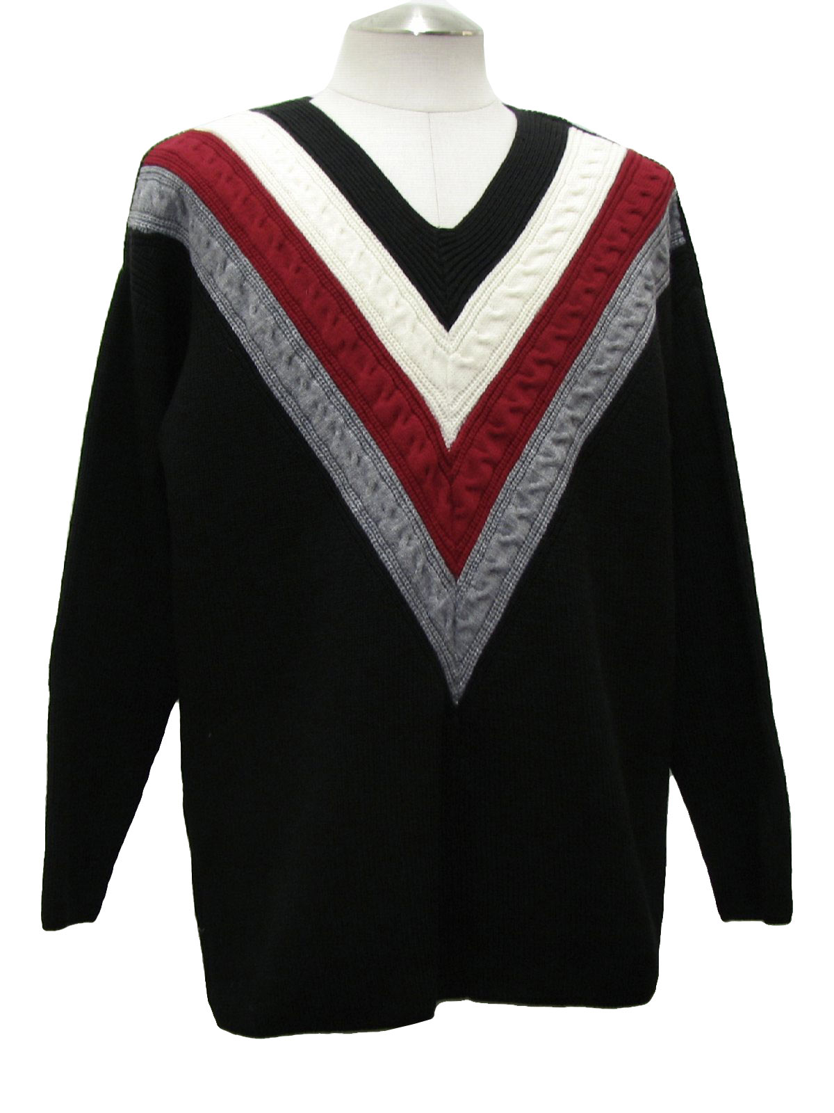 80 style (likely made in 90s) -Kennington- Mens black, white, red, and grey acrylic wool blend knit ski sweater with V-neck.