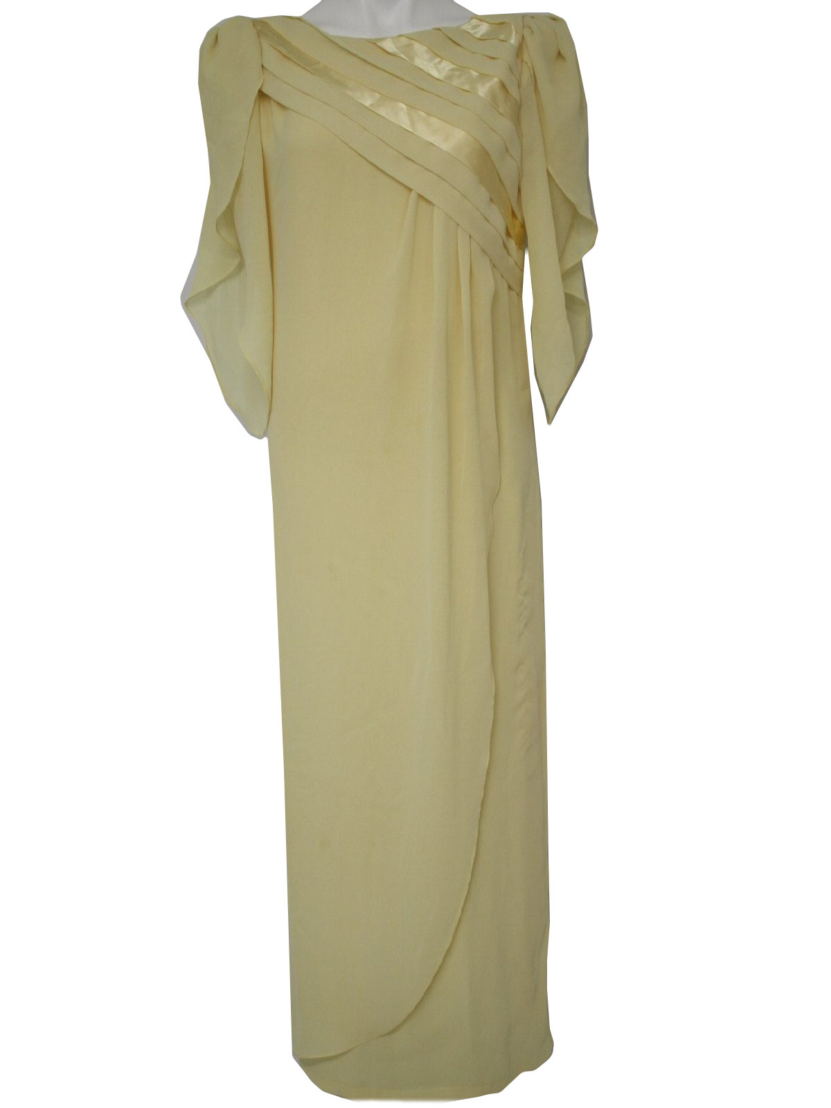 70s -JCPenney- Womens baby yellow, silky synthetic, floor length dress ...