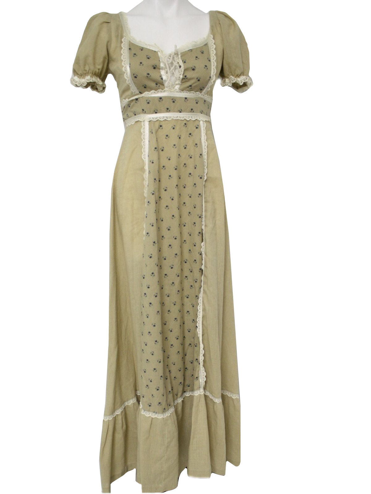 Retro Seventies Hippie Dress 70s Fabric Label Womens Light Tan Retro Seventies Hippie Dress 70s Fabric Label Womens Light Tan Midnight Blue And White Cotton Polyester Blend Shosrt Sleeve Floor Length