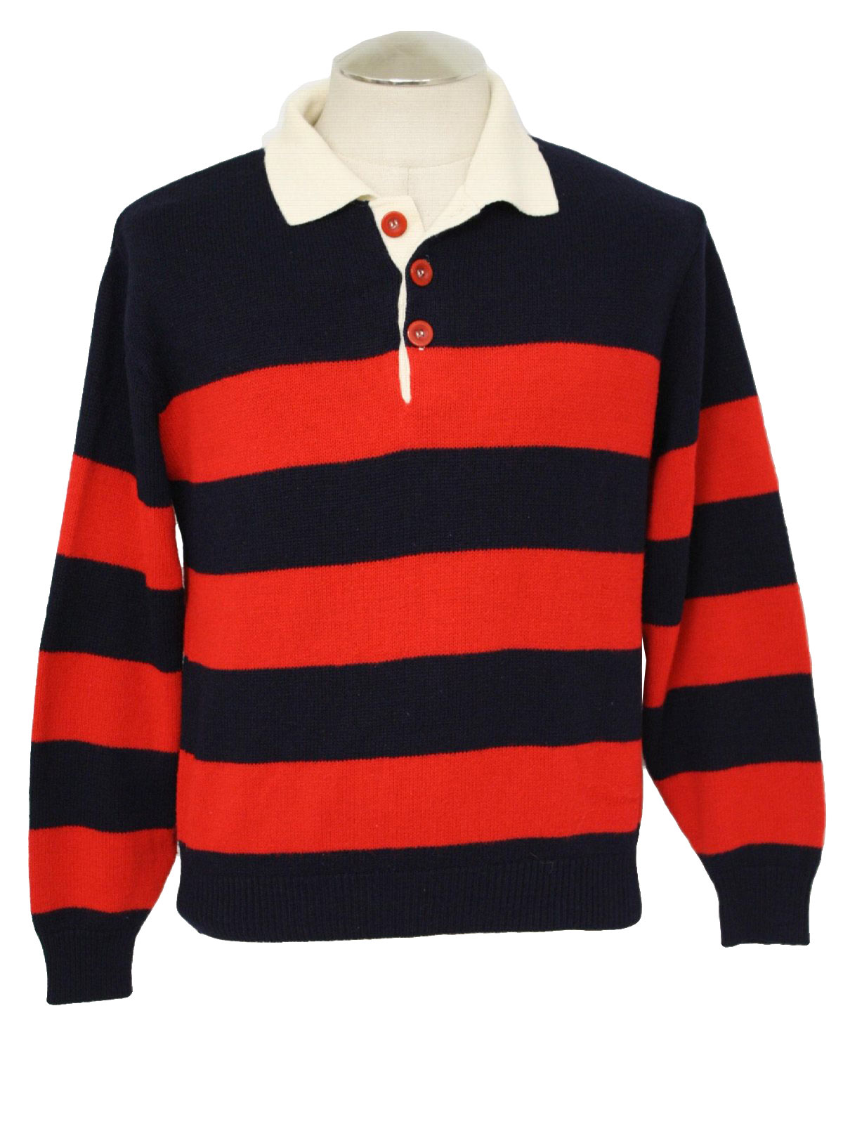Seventies Scudder Shirt 80s Mens Midnight Blue Red And Seventies Scudder Shirt 80s Mens Midnight Blue Red And Off White Longsleeve Acrylic Knit Pullover Rugby With Fold Over Collar