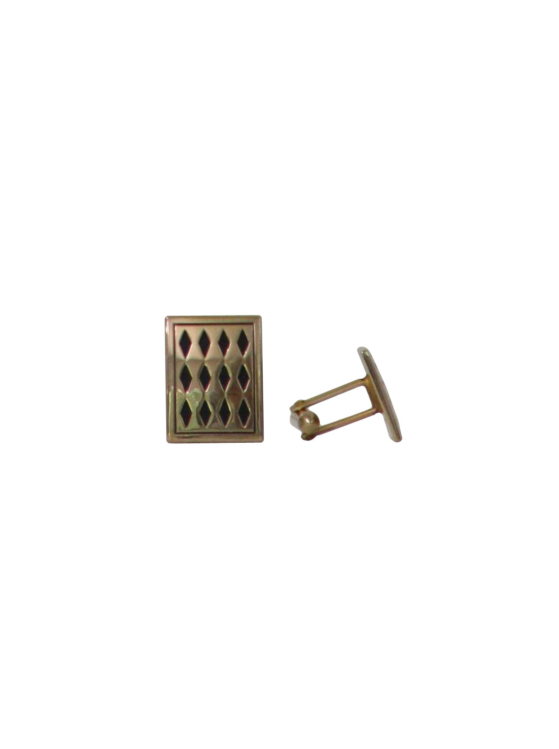 60s -Swanks- Mens gold tone and black metal diamond stamped squared cufflinks.