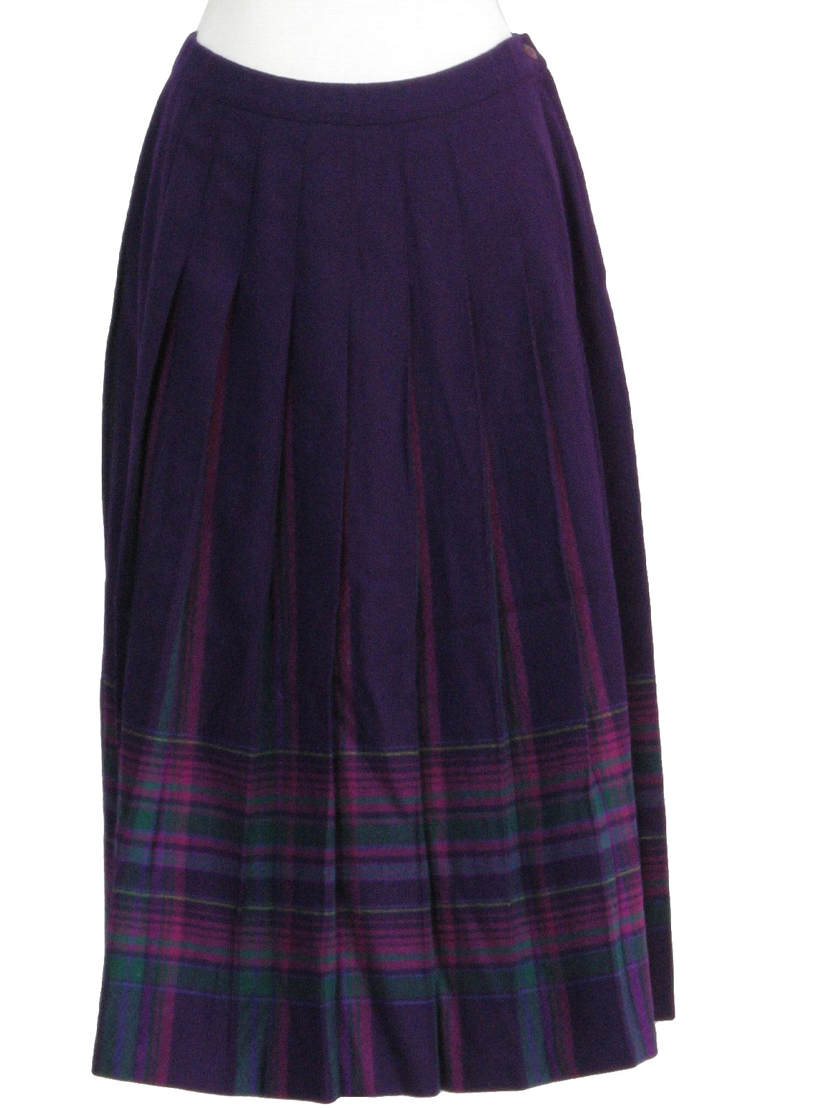 70s -Pendleton- Womens shaded violet, green, rose and plum plaid print thick pleated shin length wool skirt with elastic gathered waistline, side button/zip closure and a-line cut.