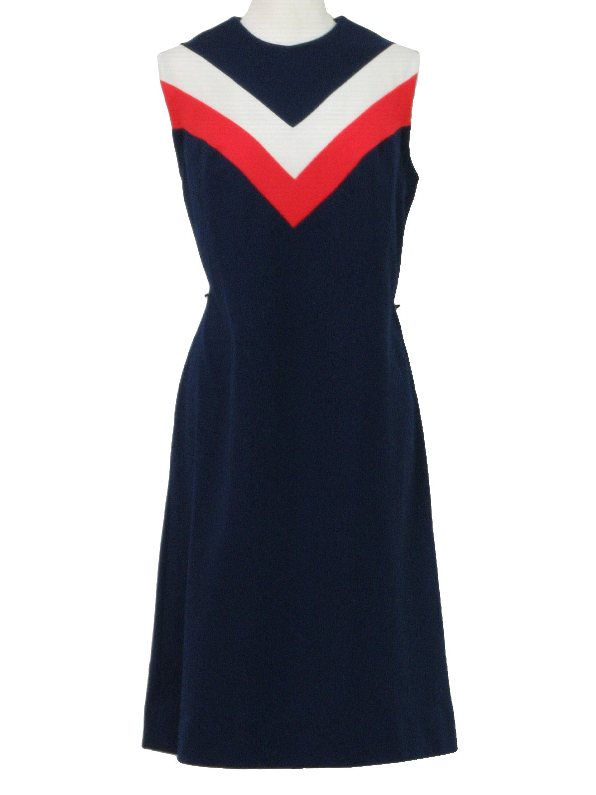 70s -no label- Womens navy, white and tomato red sleeveless mid length polyester double knit dress. Jewel neckline with back neck zipper.