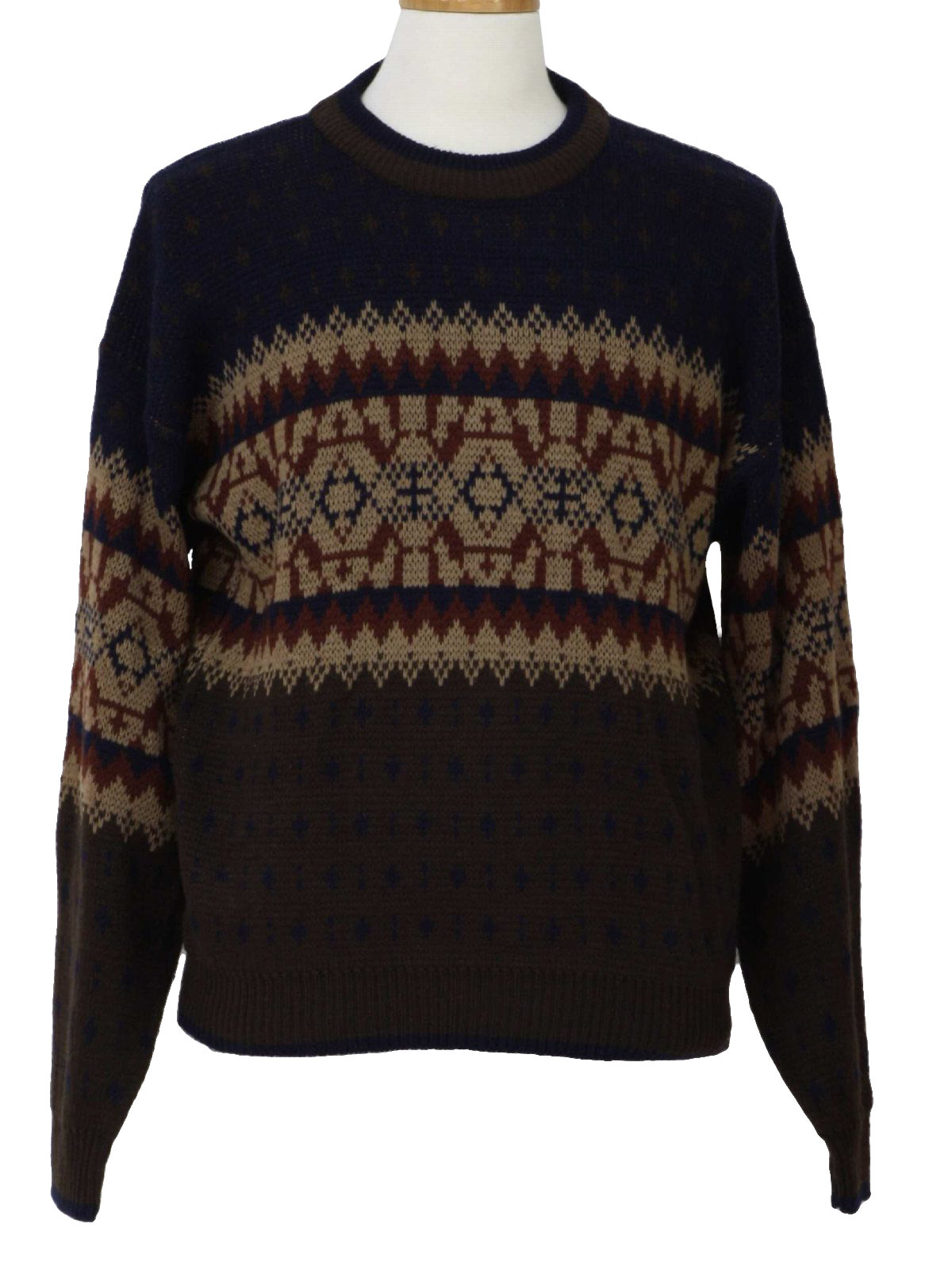 80s -Trend Basics- Mens midnight blue, brown, wine and cream banded geometric knit acrylic pullover longsleeve totally 80s ski sweater with rounded neckline and thick banded rib knit waistline/cuffs.