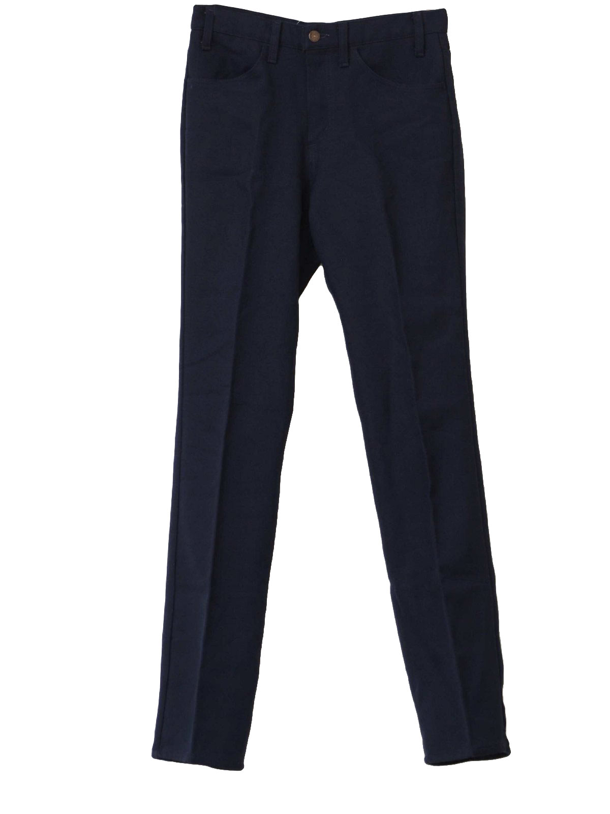 Early 70s -Levis- Mens navy blue polyester twill jeans cut western pants with slightly flared legs, four pockets and button/zip closure.