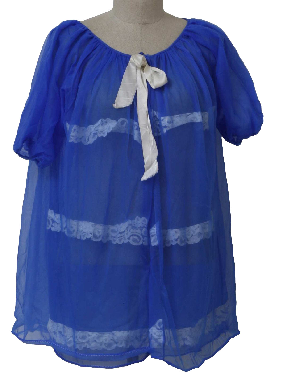 70s -Missing Label- Womens blue and white nylon sheer knit lace paneled short sleeve single snap bed shirt.