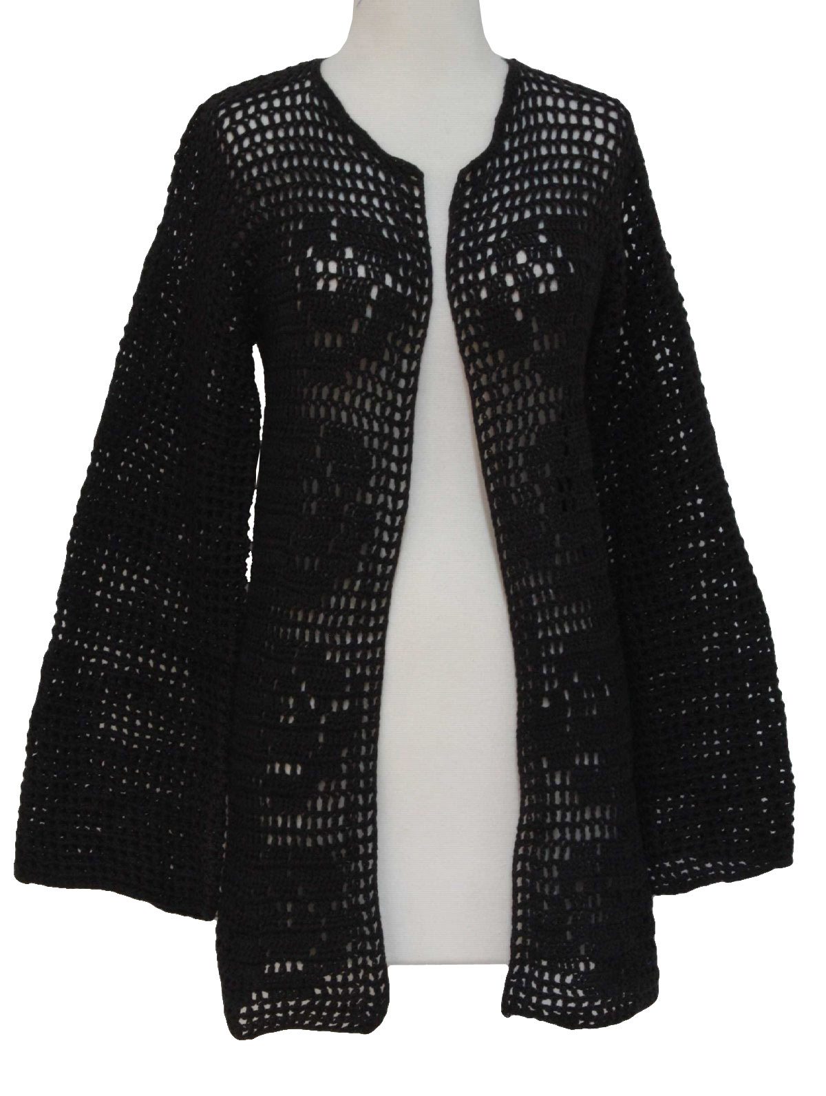 70s -Hand Crocheted- Womens black cotton cord hand crocheted longsleeve hip-length open-front sweater with round neck (some fading)