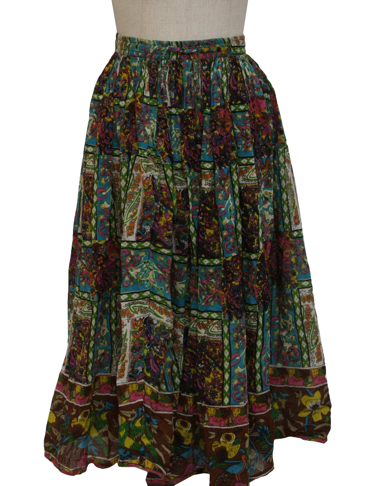 90s -Liz Baker- Womens bright blue, green, pink, purple, white and teal bold abstract floral print cotton floor length crinkle cloth hippie/belly dancing broomstick skirt with bead tipped tie off drawstring waistline and flat flutter cut hem.