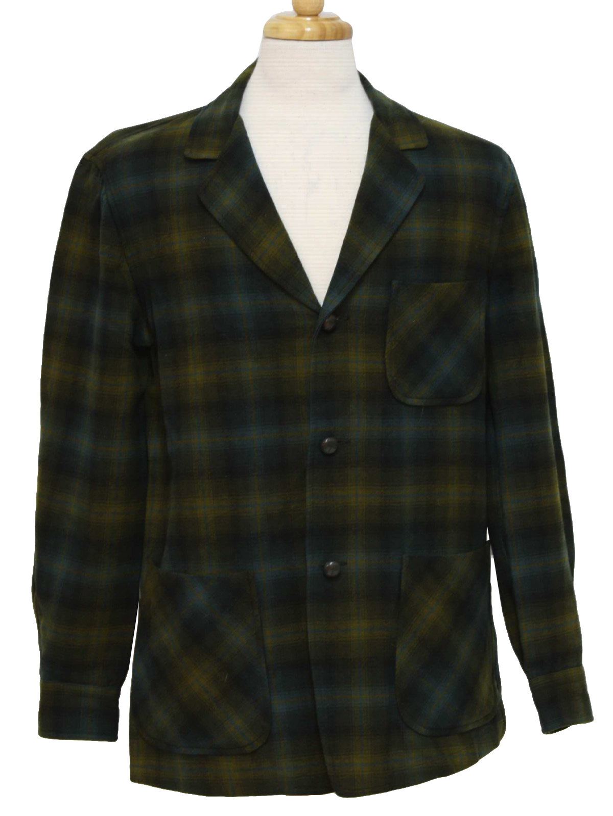 Sixties Pendleton Jacket 60s Pendleton Mens shaded green and blue shadow plaid print wool