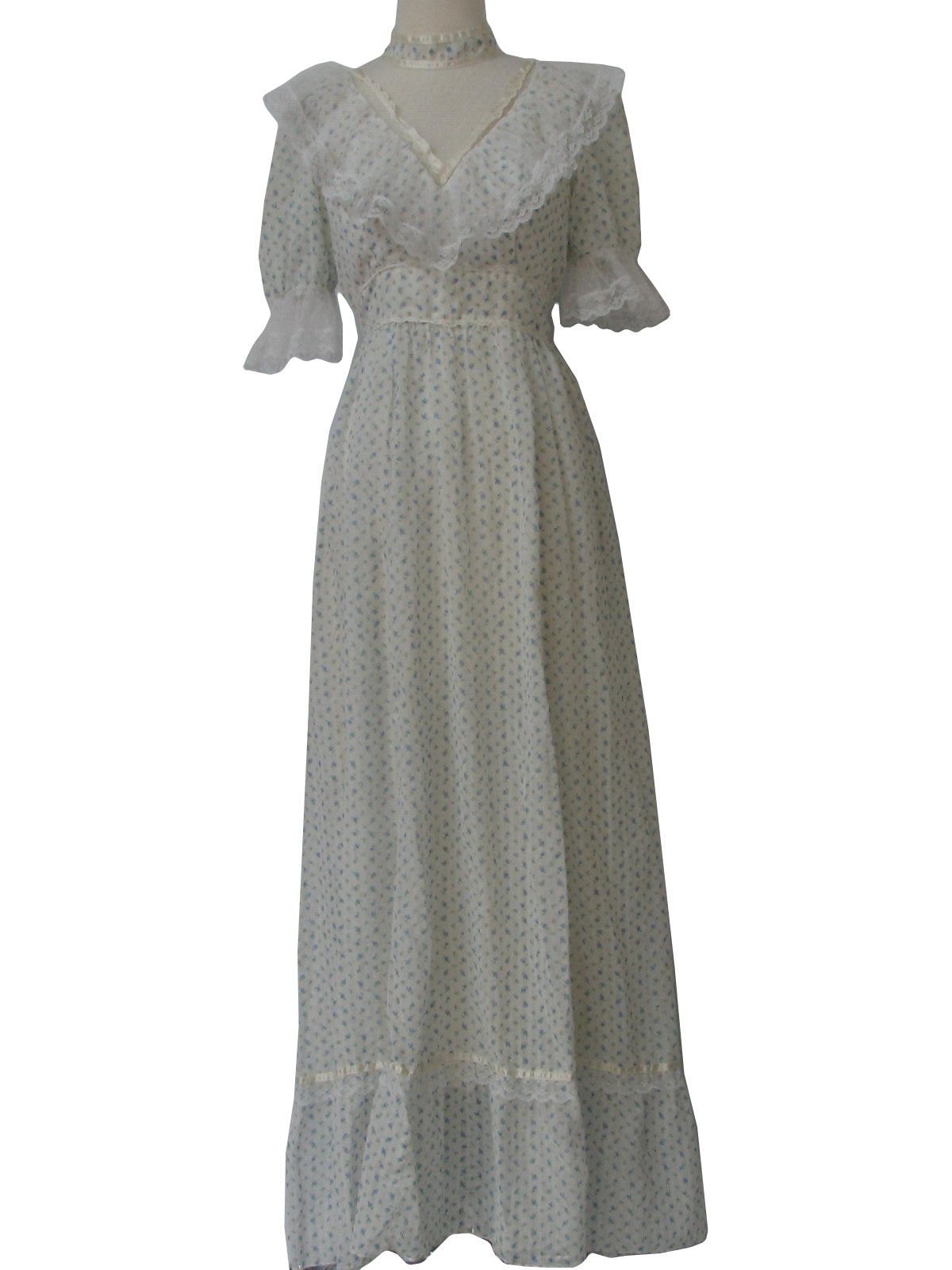 70 S Vintage Dress 70s Cybaline Womens White Blue And Green 70 S Vintage Dress 70s Cybaline Womens White Blue And Green Cotton Blend Short Sleeve Floor Length Prairie With Tiny Fl Print Ruffled Lace