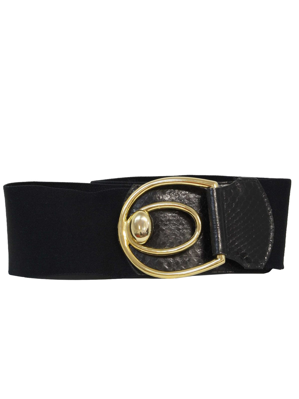 Retro 1980s Belt: 80s -Leather Shop- Womens black elastic back totally 80s thick belt with gold ...