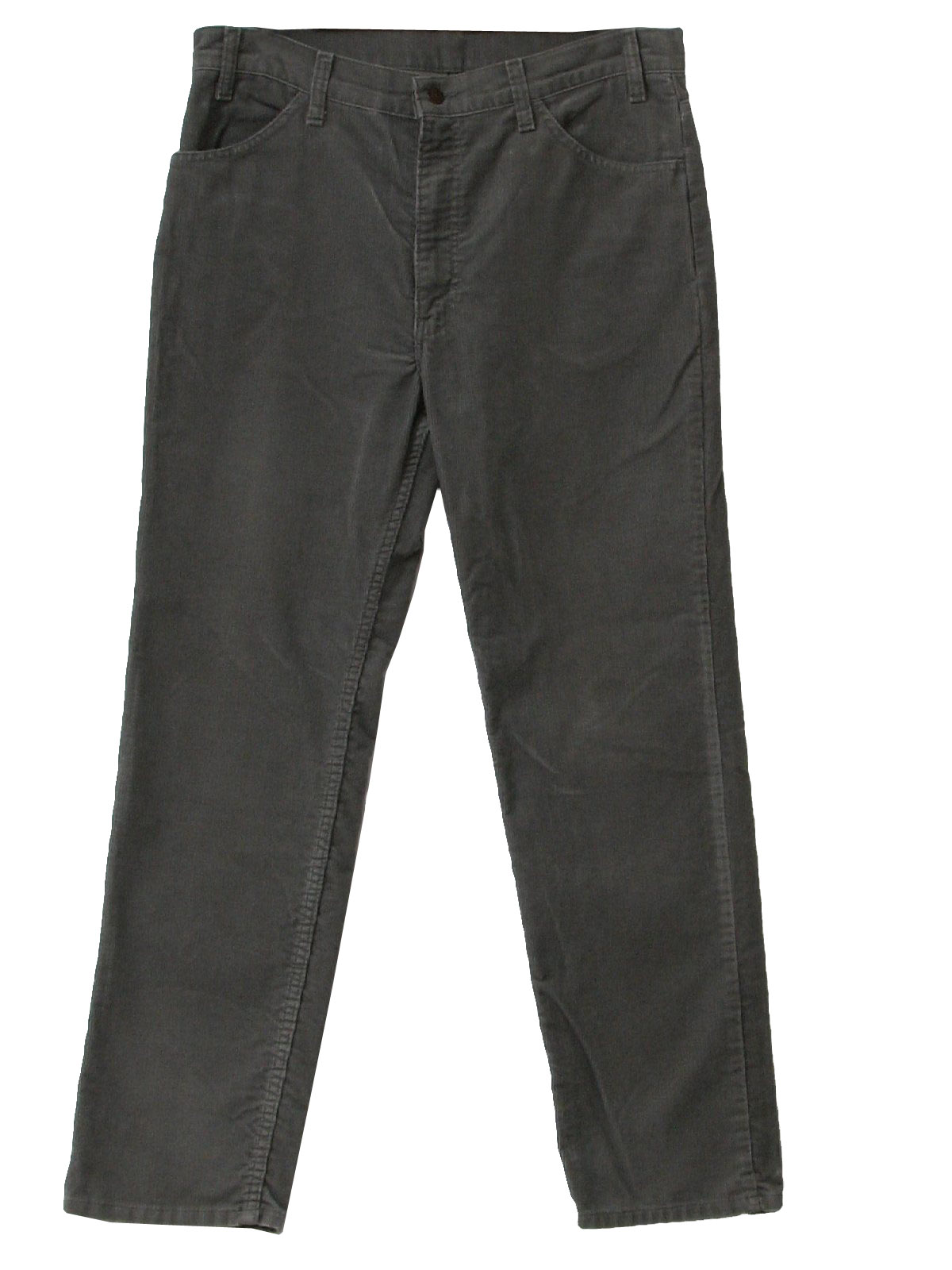 80s -Levis- Mens gray cotton pin wale corduroy jeans cut pants with plain front, zipper fly, straight legs, plain hems, inset front pockets, and back patch pockets, style 519