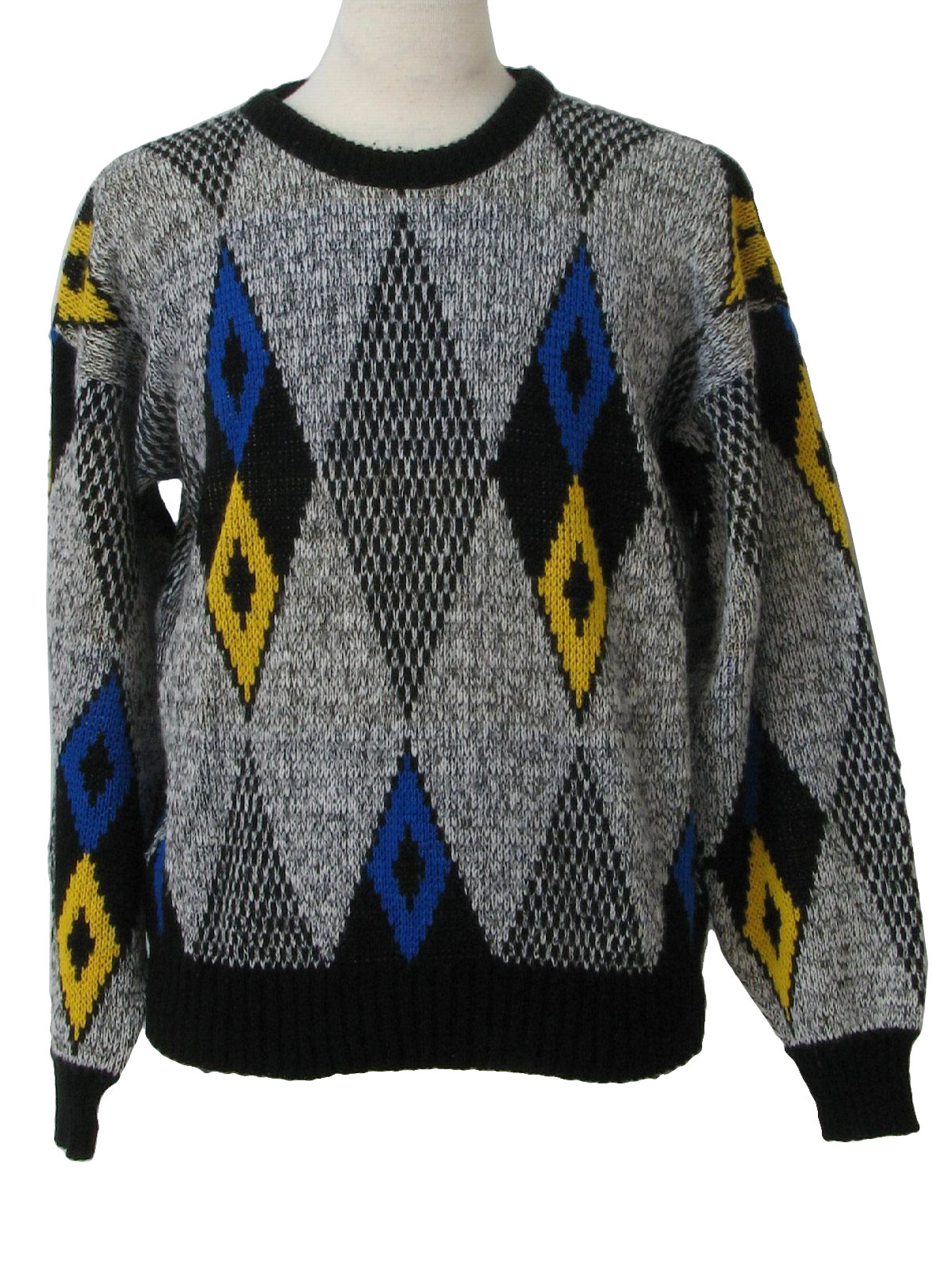 Retro 1980s Sweater: 80s -Van Cort- Mens black, yellow, sky blue, beige acryl...
