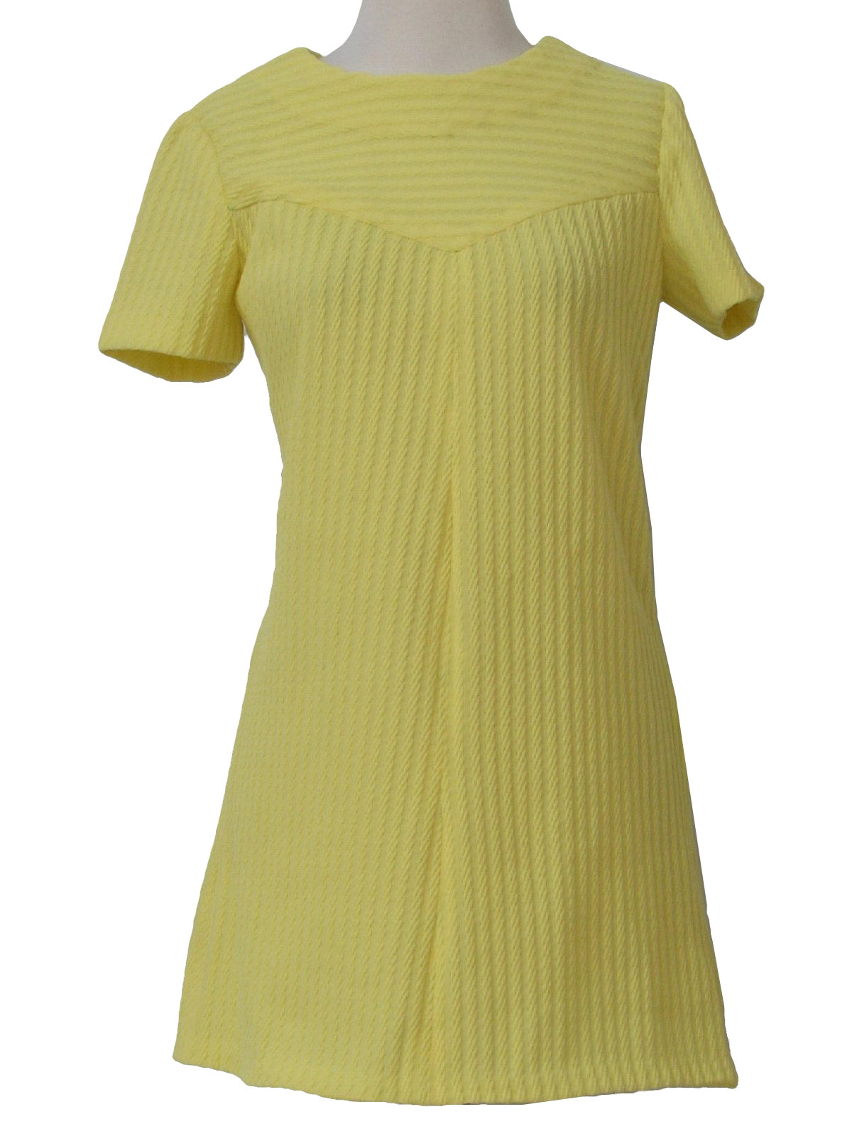 60s -No Label- Womens bright yellow stripe textured polyester short sleeve mini dress. Round neckline and back zipper closure on this cute dress.