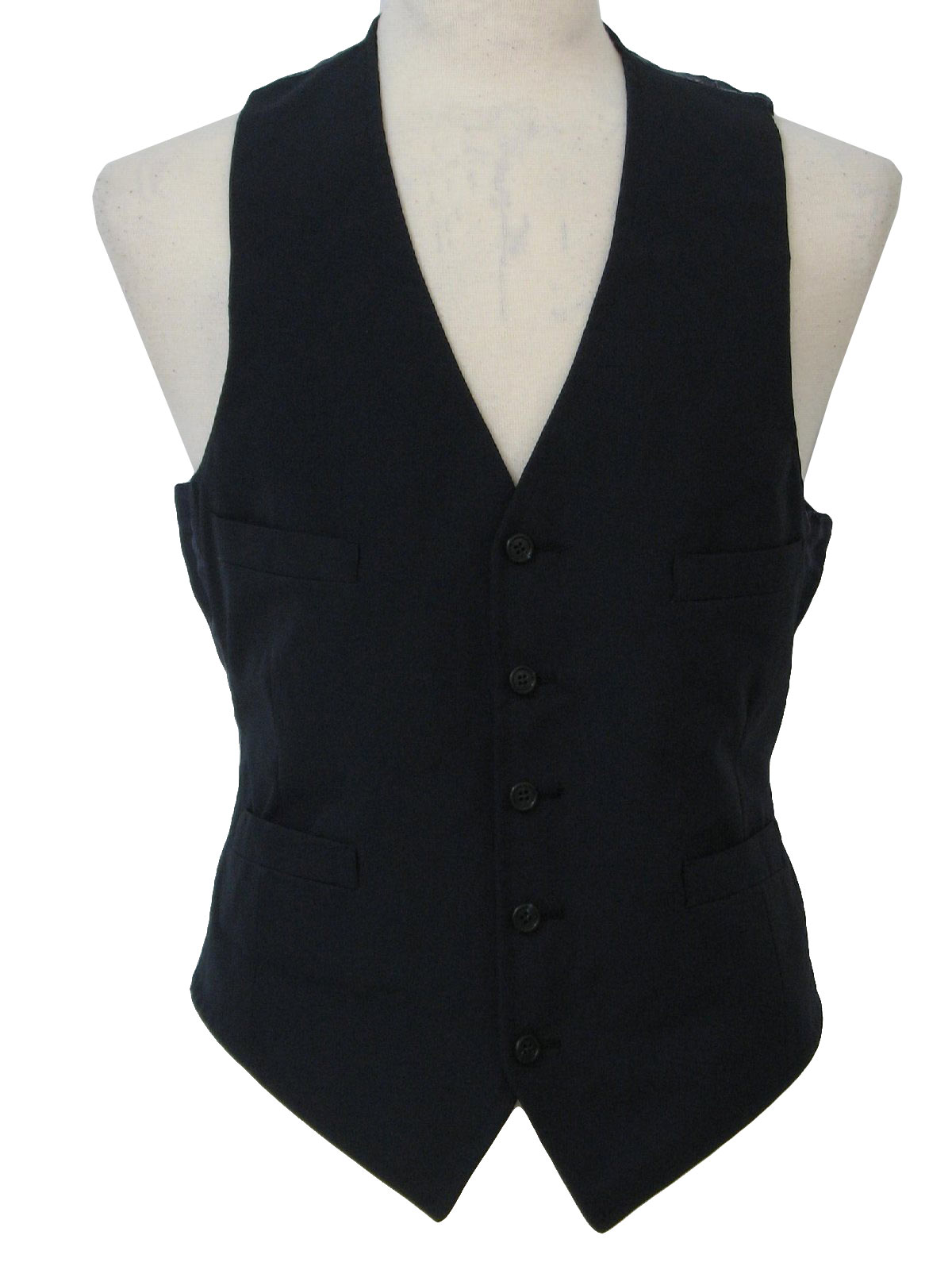 70s -Missing Label- Mens dark blue polyester blend nylon backed and lined five button, four pocket suit vest.
