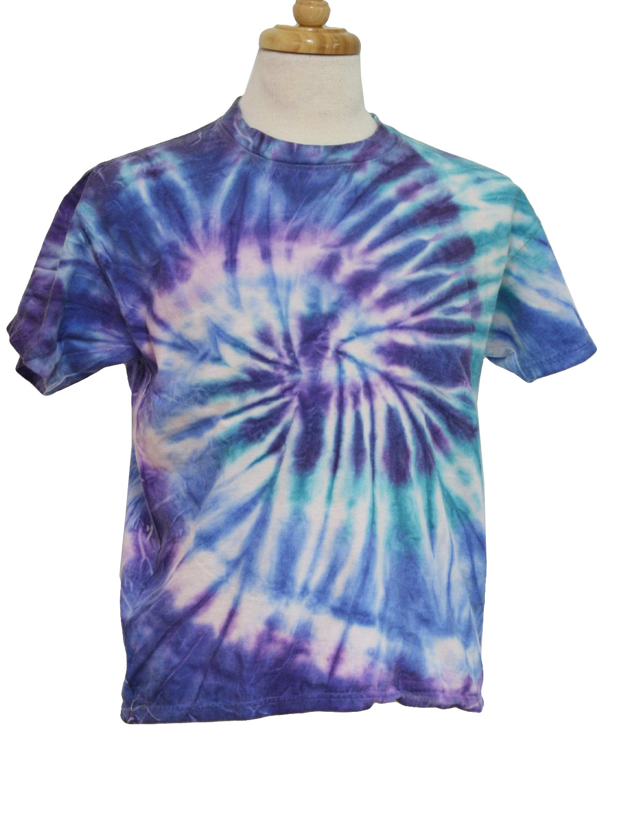 80s -Delta- Unisex white, teal, blue and purple cotton short sleeve, crew neck tie dye T-shirt in a swirled pattern.
