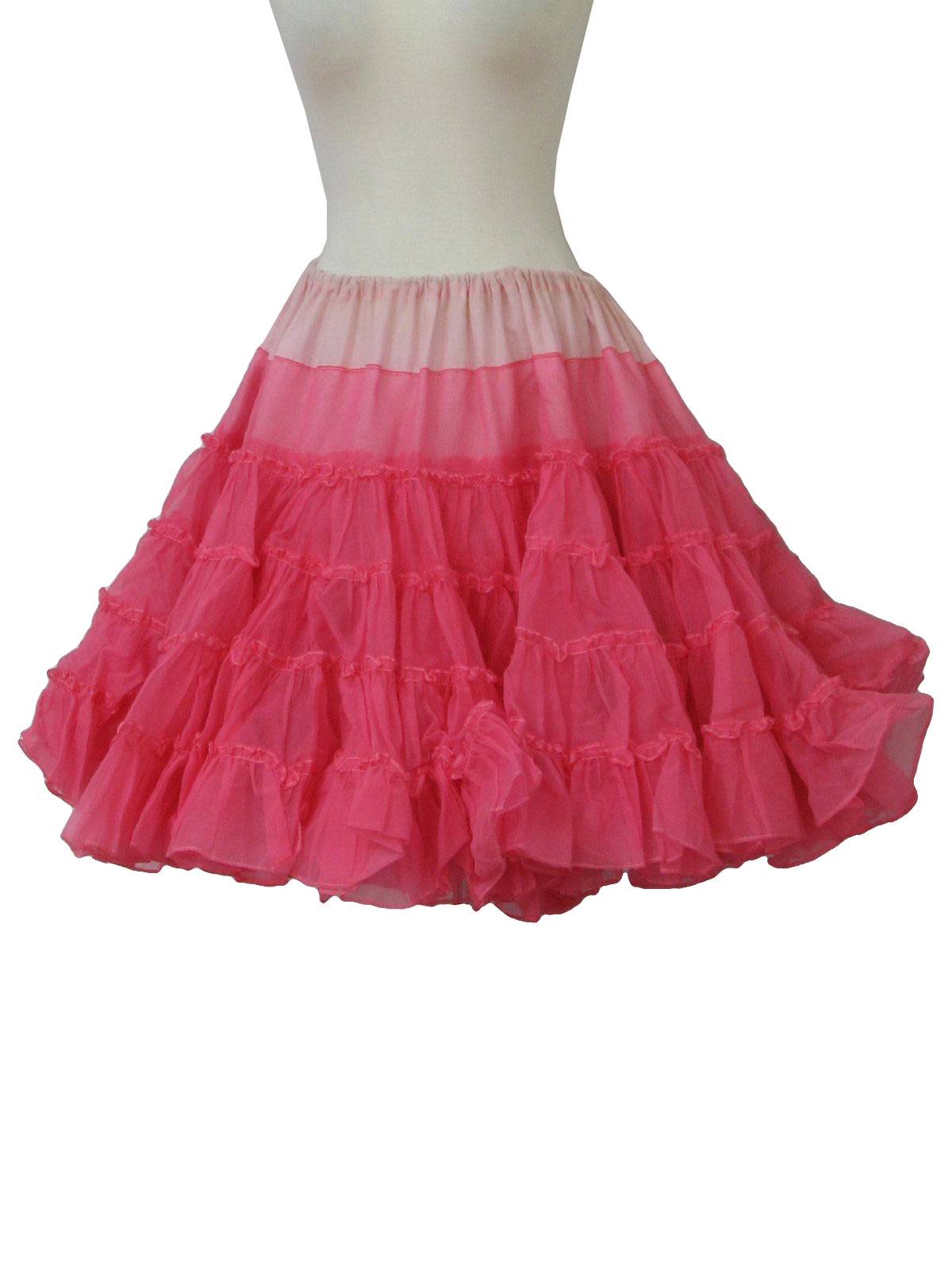 50s -Missing Label- Womens pink on pink nylon sheer knit elastic, high waist two layered four ruffle tier dropped mid length crinoline skirt.