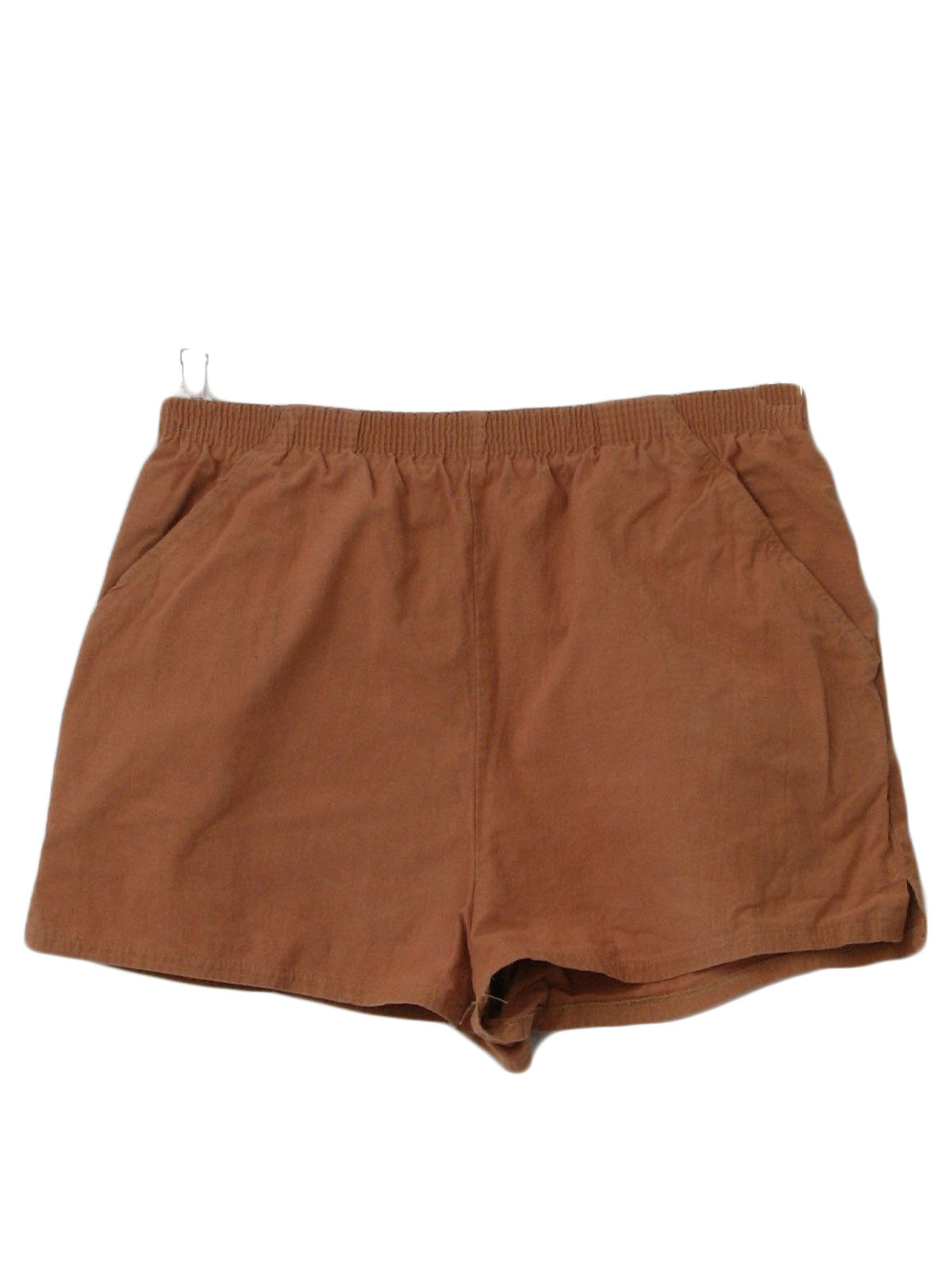 Early 80s -Action Scene- Mens tan polyester and cotton elastic waist casual shorts with two inset hip pockets and notched side vent hems.