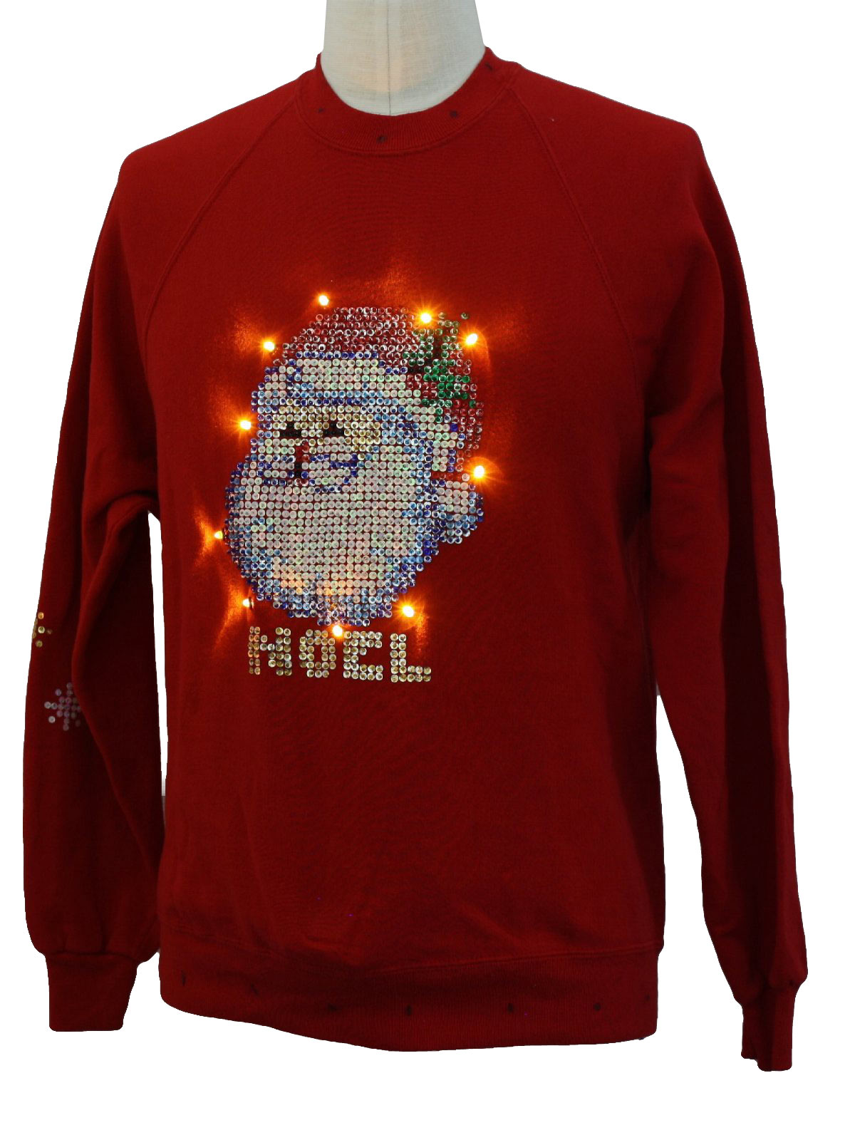 80s style -Jerzees- Unisex red background cotton polyester blend longsleeve pullover lightup ugly Christmas sweatshirt, round neckline with a completely sequined disembodied santa head. Golden amber Christmas lights surround the floating crown.