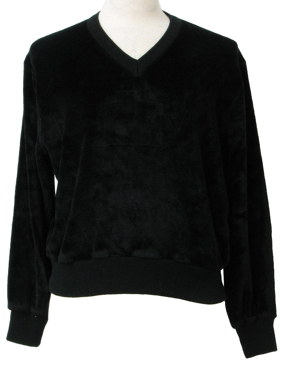 80s -Sweater Emporium- Mens black longsleeve polyester velour pullover shirt with V- neckline, rib knit waistband and cuffs.