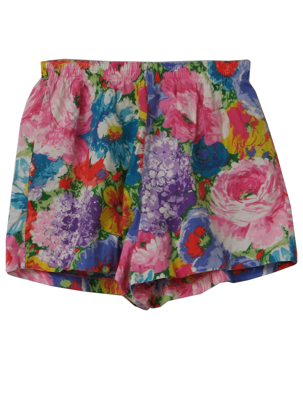 80s -no label- Womens multi color cotton blend shorts, in a bold flower print, an elastic waist and inner lining.