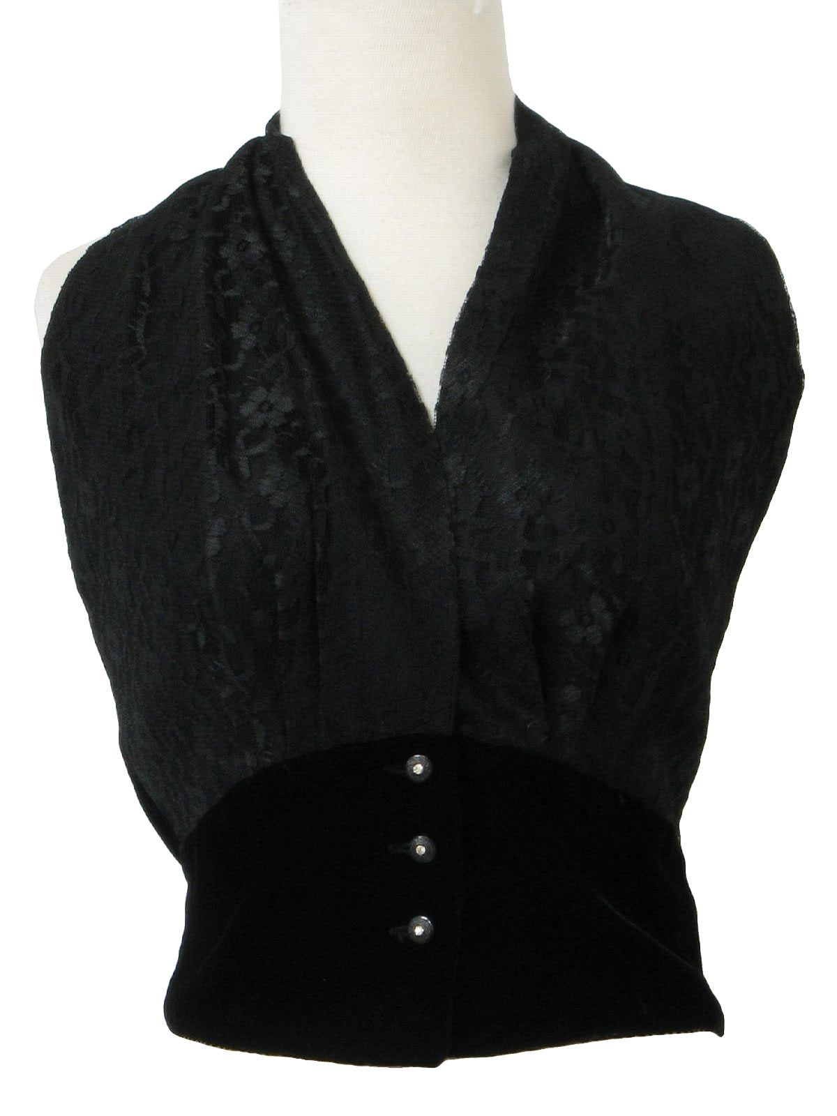 50s -No Label- Womens black rayon and silk velvet, acetate and nylon floral lace, rayon taffeta lining, sleeveless V-neck halter cocktail shirt with low square back, rhinestone button closure, shaped midriff band, professionally dry cleaned