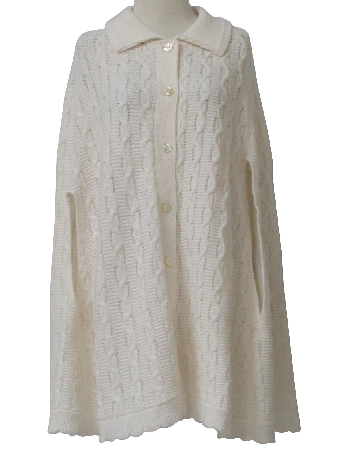 70s -JC Penny- Womens white acrylic poncho with fold over collar, button front and two front arm slits.