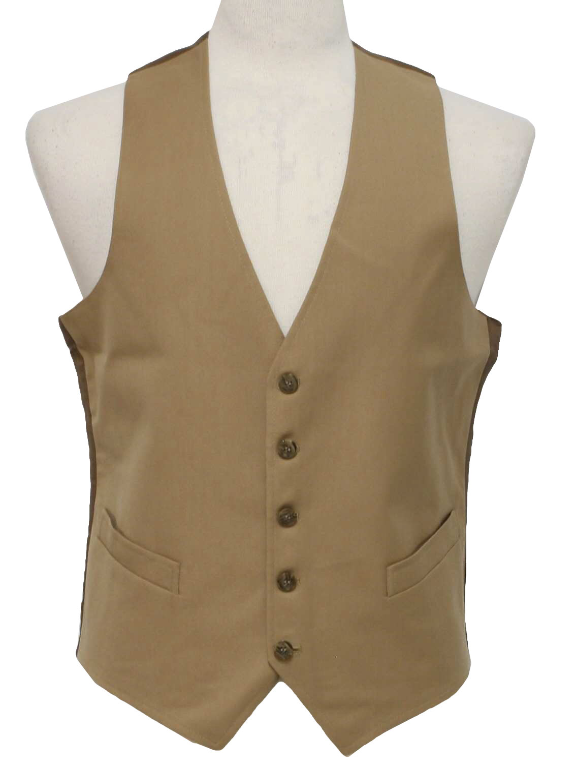 80s -Missing Label- Mens camel color polyester suit vest with v-neck, five button front closure, two lower inset pockets and darted hem tips.