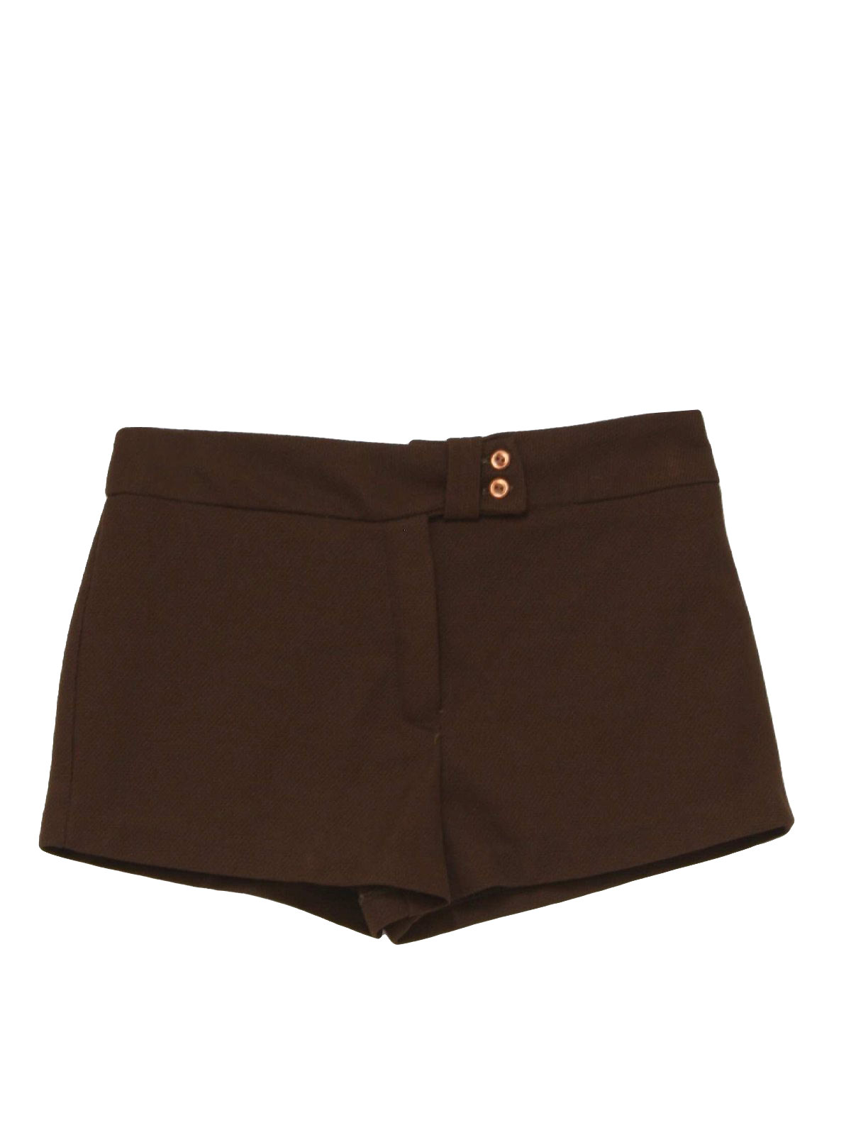 70s -JCPenney- Womens brown waffle weave double knit polyester short shorts with banded off center double button/zip front closure.