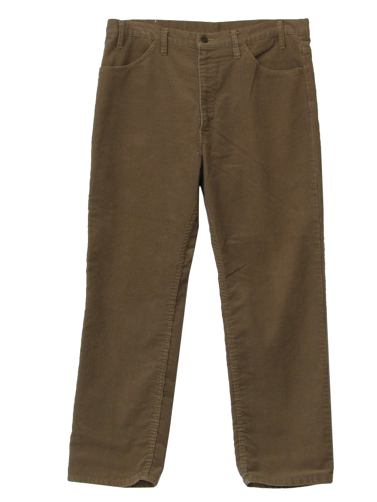 80s -Levis- Mens tan cotton polyester standard wale corduroy, 4-pocket 519 straight leg jeans-cut cords pants with metal zipper fly and button closure