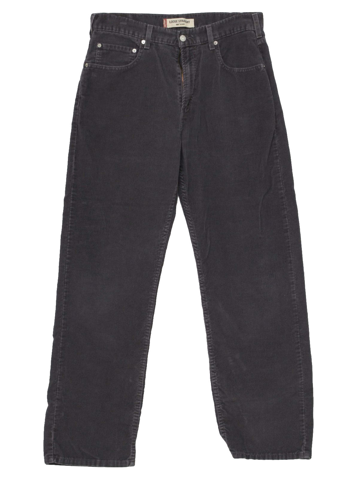 90s -Levis- Mens medium gray cotton polyester standard wale corduroy, 5-pocket 569 cords jeans-cut pants with straight loose legs, metal zipper fly closure, marked 34 waist 34 length but measure 35 waist 33 length