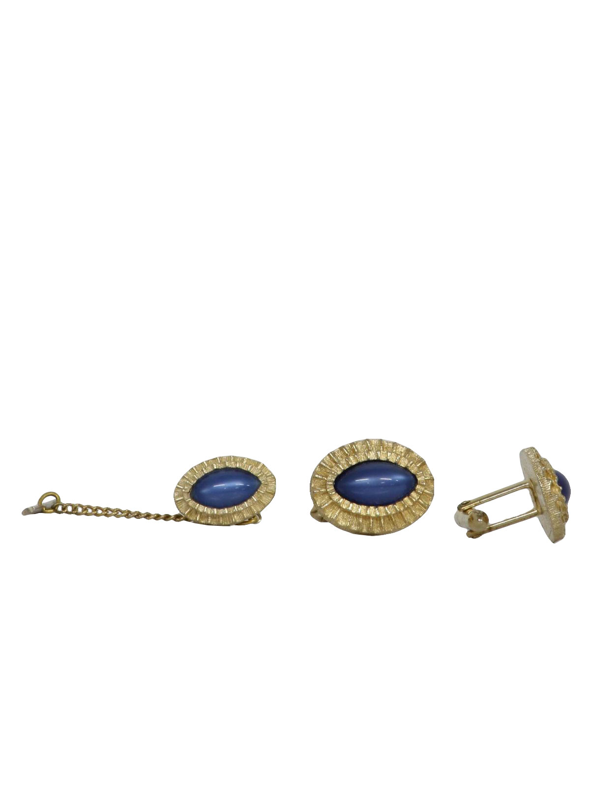 70s -Missing Stamp- Mens gold tone oval three piece cuff link and tie tack set with scalloped trim and marble blue centers.