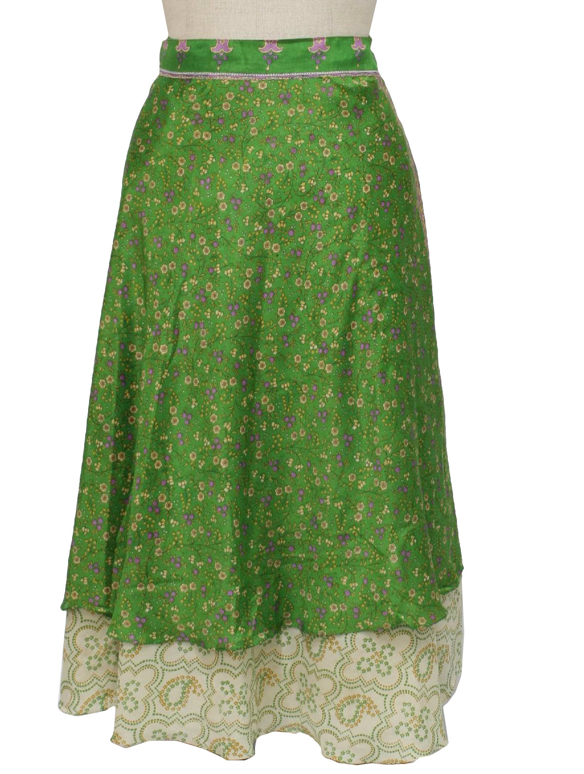 90s -Missing Label- Womens green, shaded pink, violet, yellow and cream floral print two layered silk wrap style floor length hippie/ethnic skirt with adjustable tie off waistline.