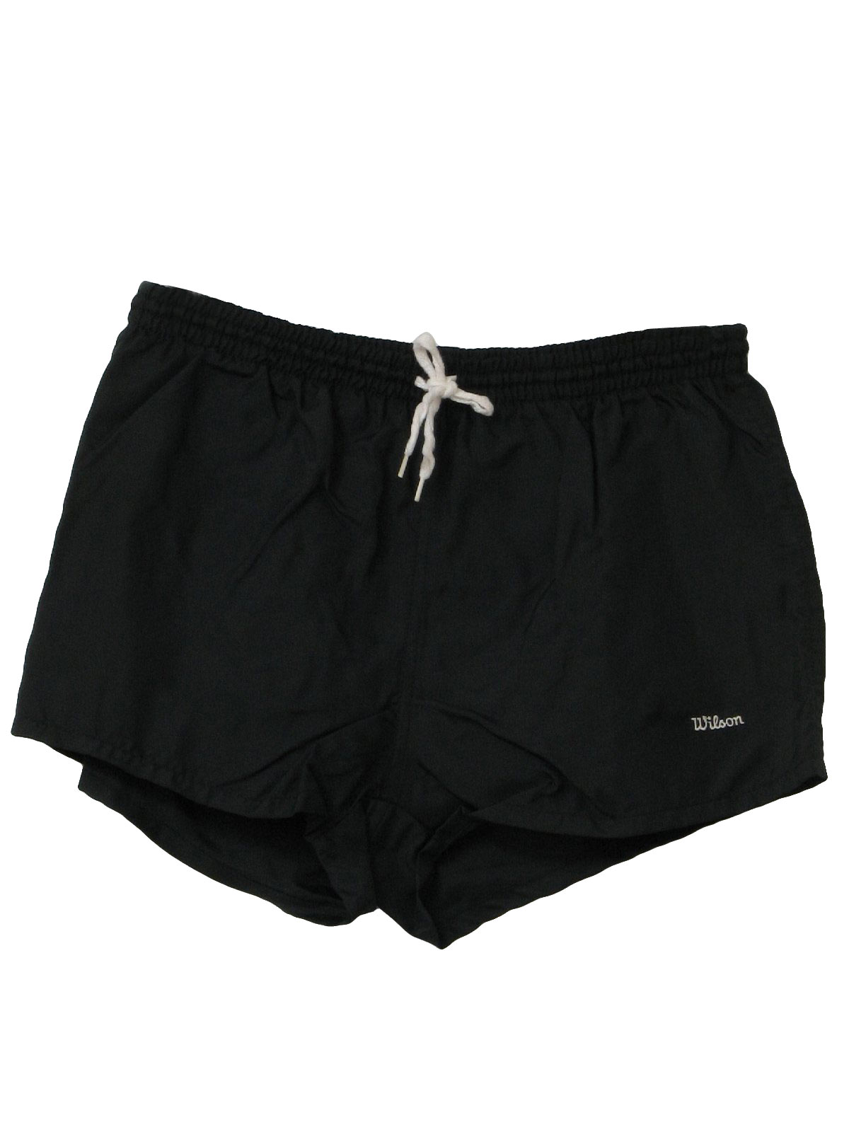 80s -Wilson- Mens black nylon, brief lined totally 80s sports shorts with elastic/tie off waistline and lower left hem -Wilson- embroidered in white.