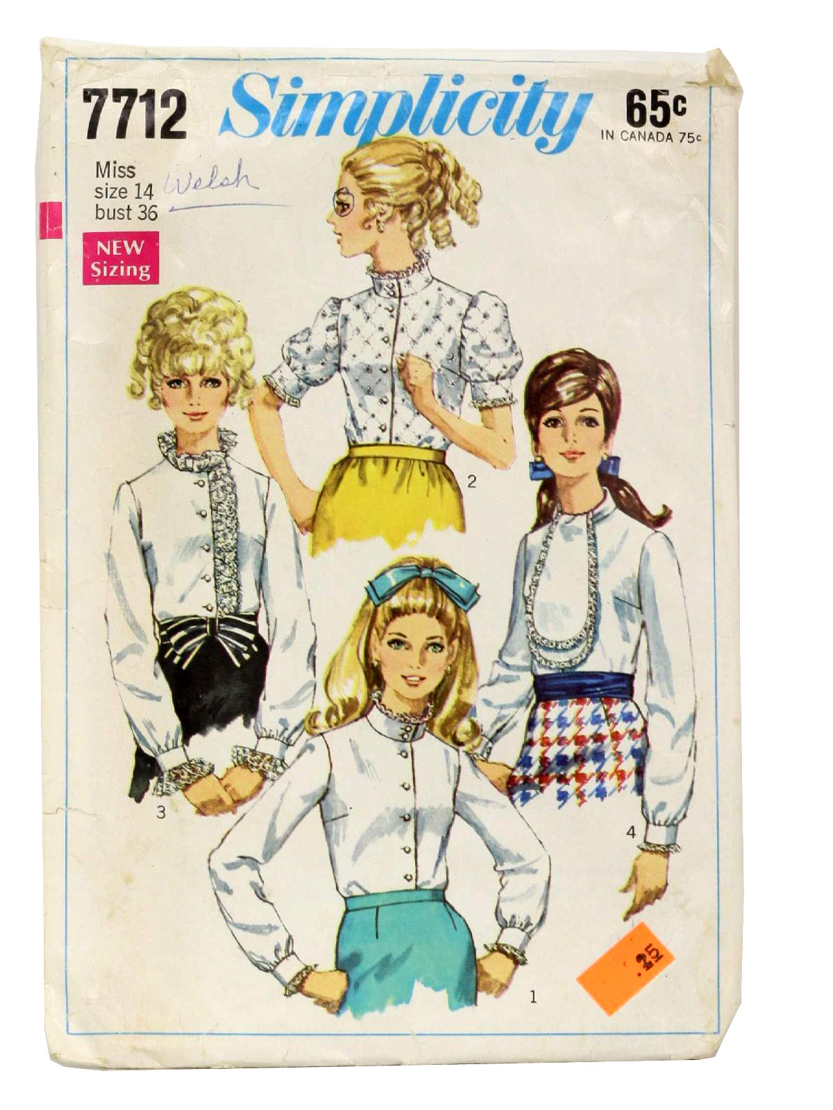 60s -Simplicity No.7712- Womens blouse with high neckline, button front and optional sleeve length and collar styles.