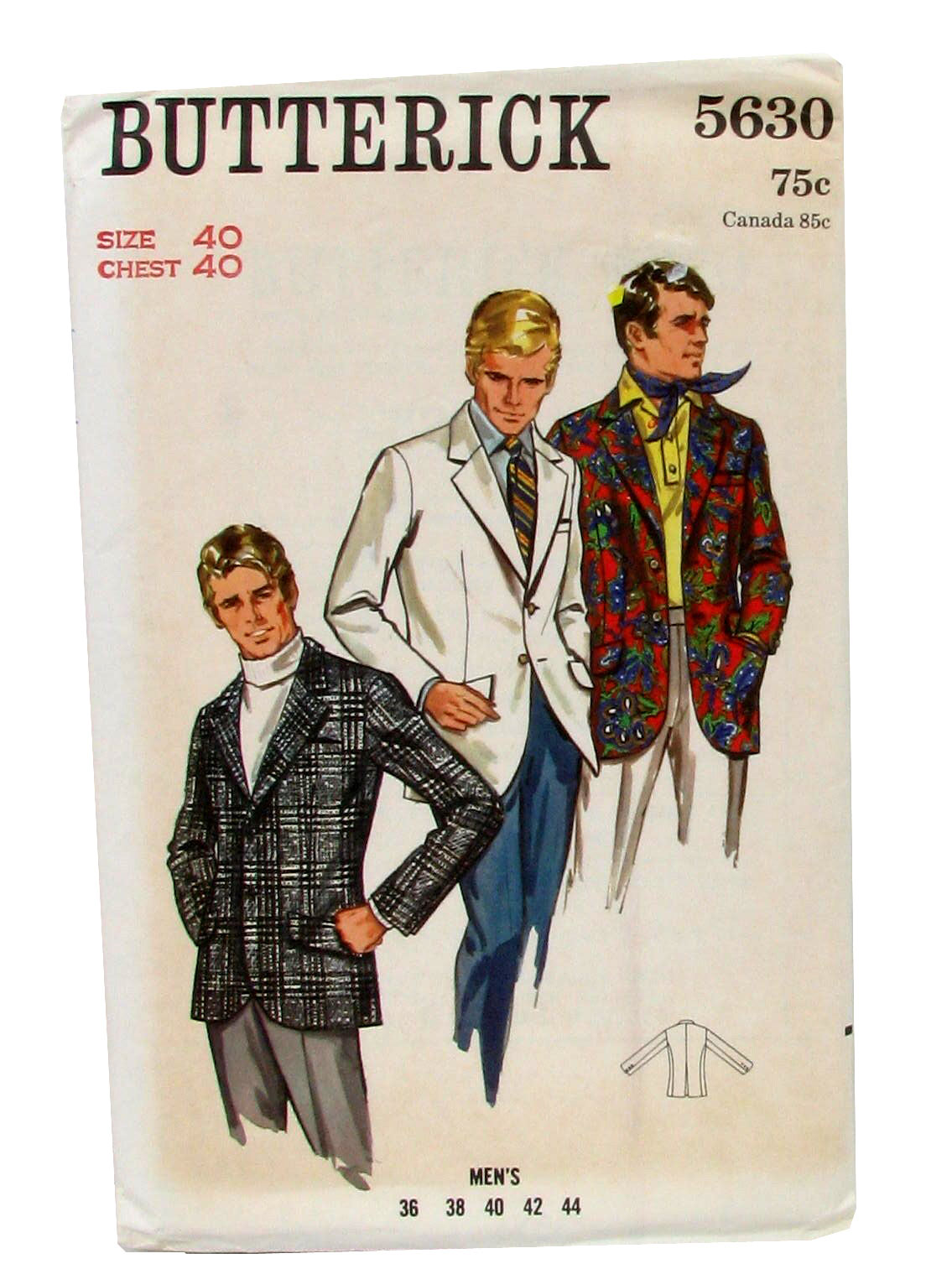 70s -Butterick No.5630- Mens classic mod style semi-fitted sport jacket.