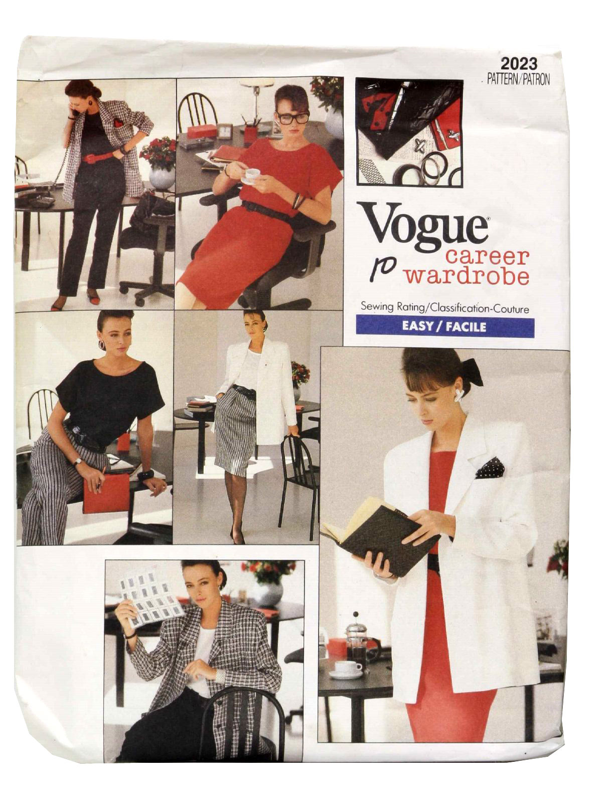 80s -Vogue No.2023- Womens career wardrobe includes petite jacket, dress, top, skirt and pants in three sizes.