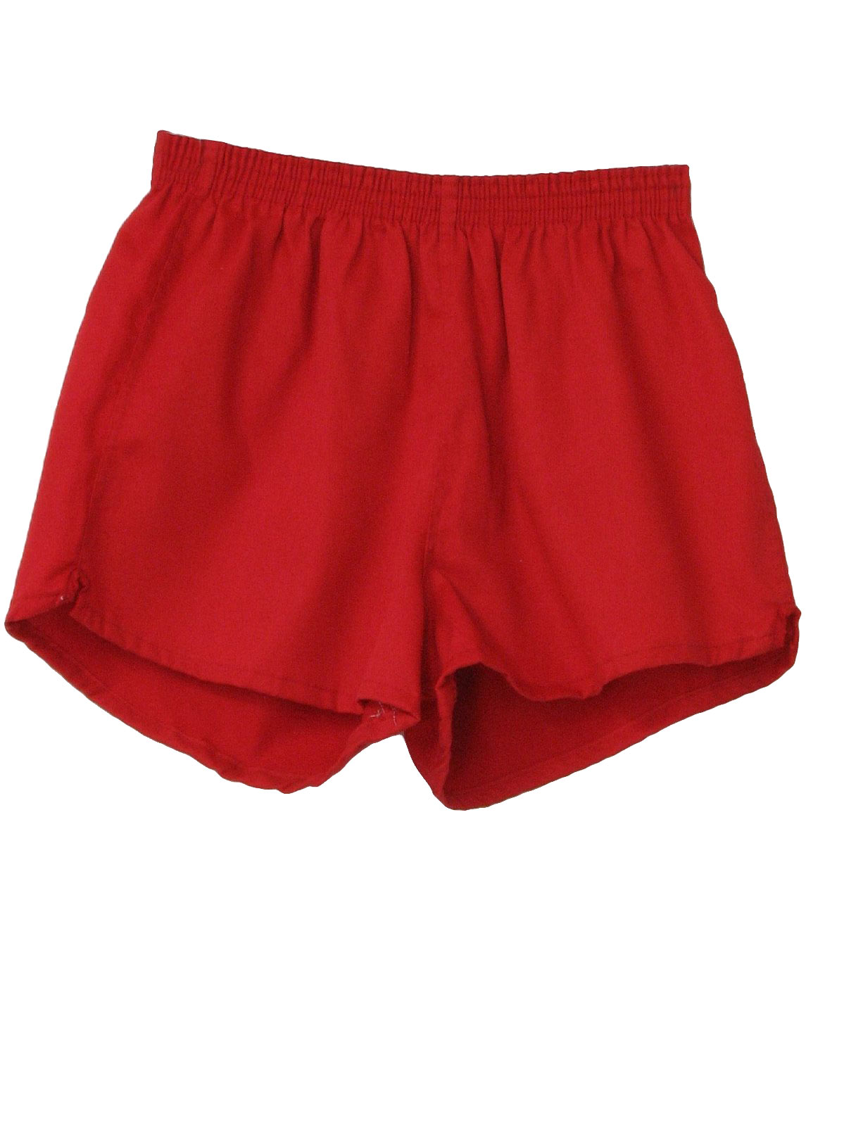 80s -Size Label- Mens red polyester and cotton elastic waist sport/gym shorts with notched side vent hems. Perfect for kickball!