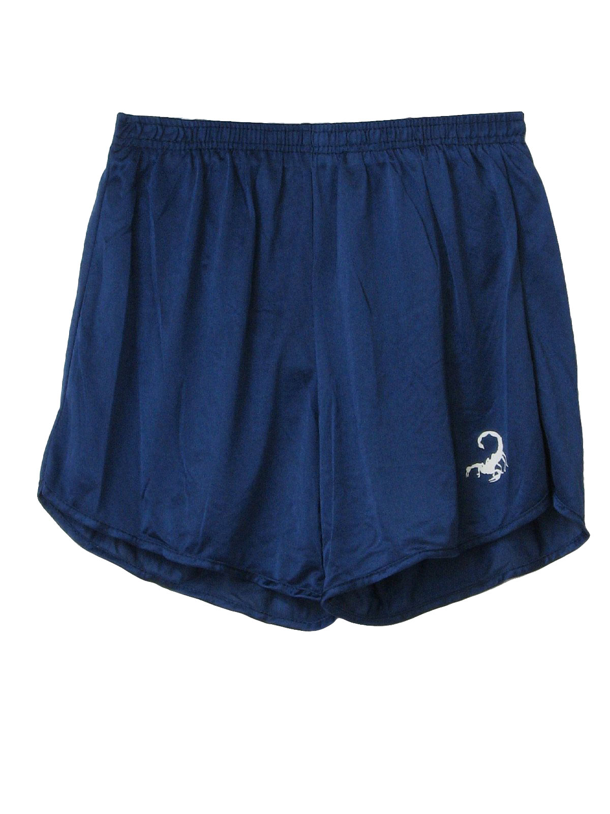 90s -Cobblestones- Mens dark blue nylon wicked 90s running shorts with elastic waistline, brief lining and lower left hem scorpion print in white.