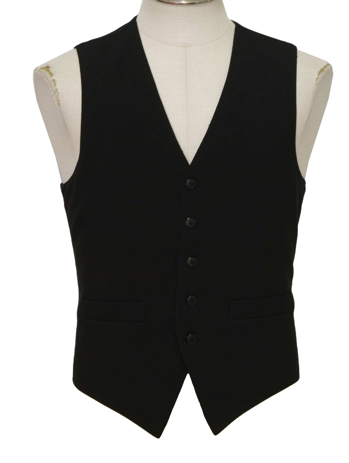 80s -Neil Allyn- Mens black polyester, nylon lined totally 80s suit vest with five button closure, two lower inset pockets and flat back seaming.