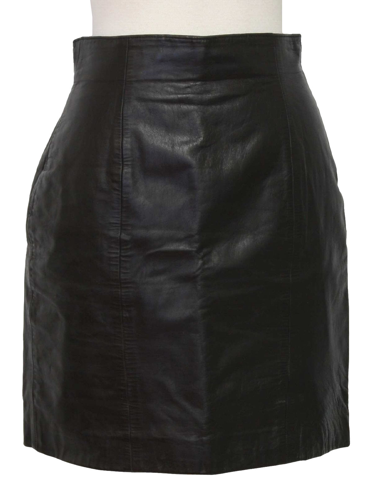 90s -Byrnes and Baker- Womens black nylon lined leather high waist snug fit, flat hem pencil skirt with back zip closure.